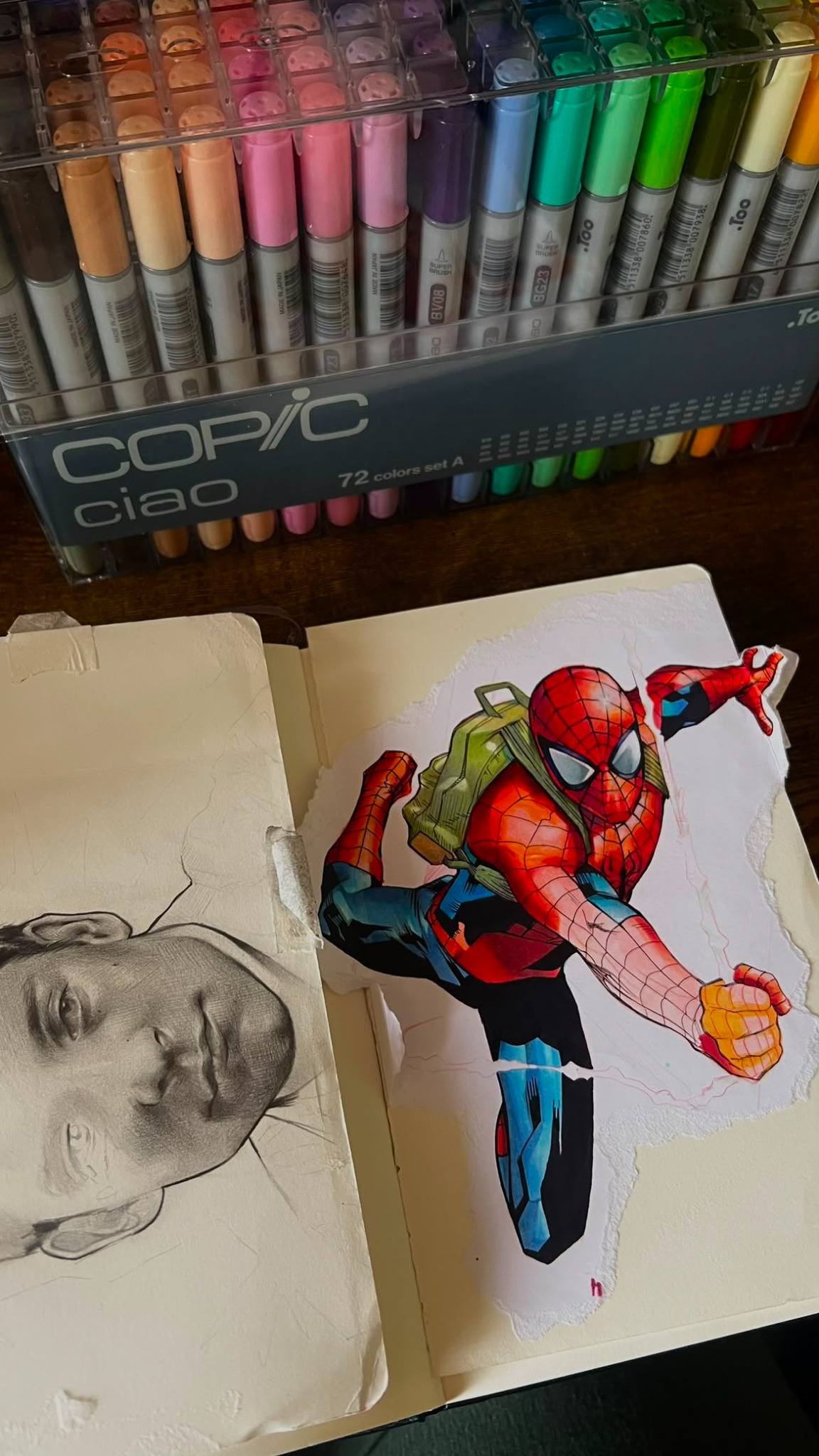 Illustrated Spider-Man character study in sketchbook