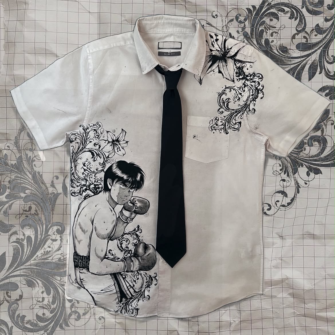 White shirt with hand drawn boxer and ornamental illustration